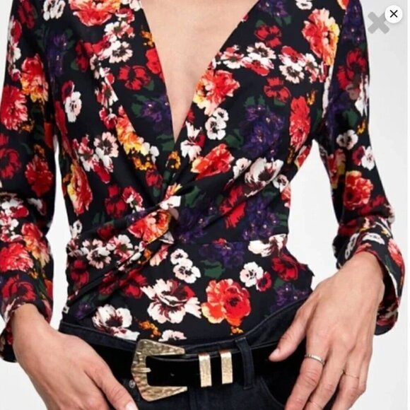 Zara Floral Faux Wrap Long Sleeve Bodysuit - Picture 2 of 14